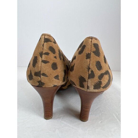 Sofft Size 8 Tan High Heeled Pump Suede Leather Printed Leopard Peep Toe Rosette - Picture 5 of 13